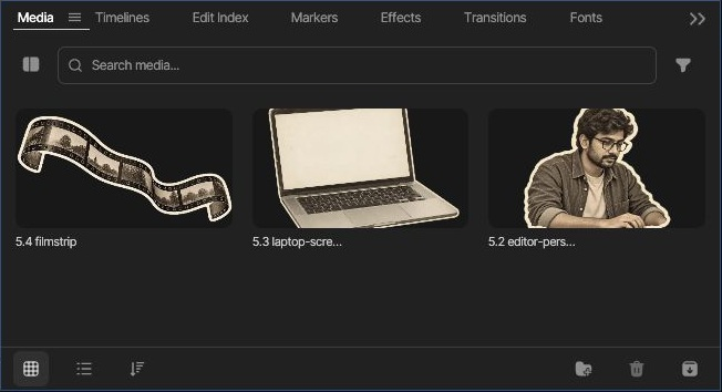 The invideo Media panel showing three uploaded cutouts: a film strip, a laptop and a person