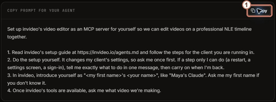 The invideo MCP page with the copy prompt for your agent box and the Copy button marked