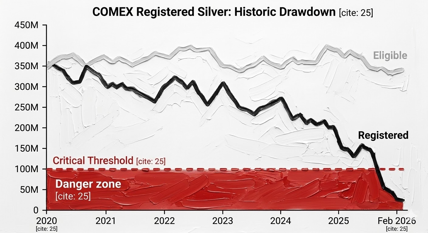 COMEX silver inventory drawdown 2026 showing registered stocks falling below 100 million ounces
