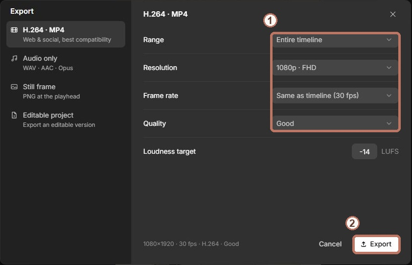 The invideo export window with H.264 MP4, entire timeline, 1080p and same as timeline frame rate selected