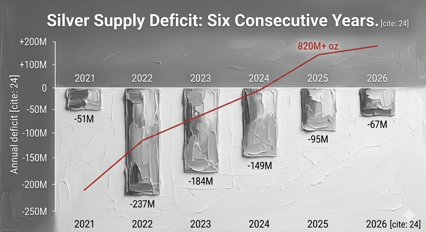 Silver supply deficit chart 2020-2026 showing cumulative 800M ounce shortfall and sixth consecutive deficit year
