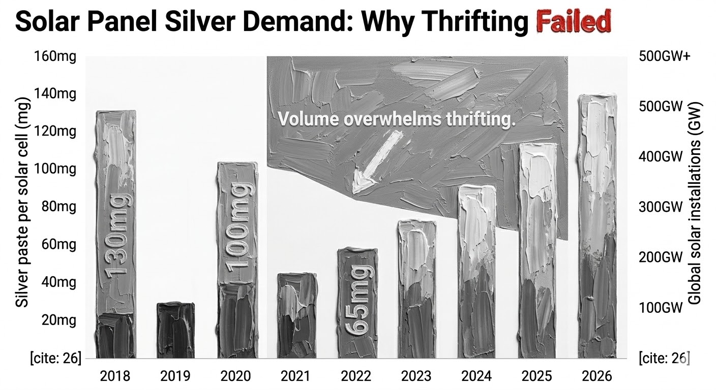 Solar panel silver demand 2026 showing volume growth outpacing per-unit thrifting reductions