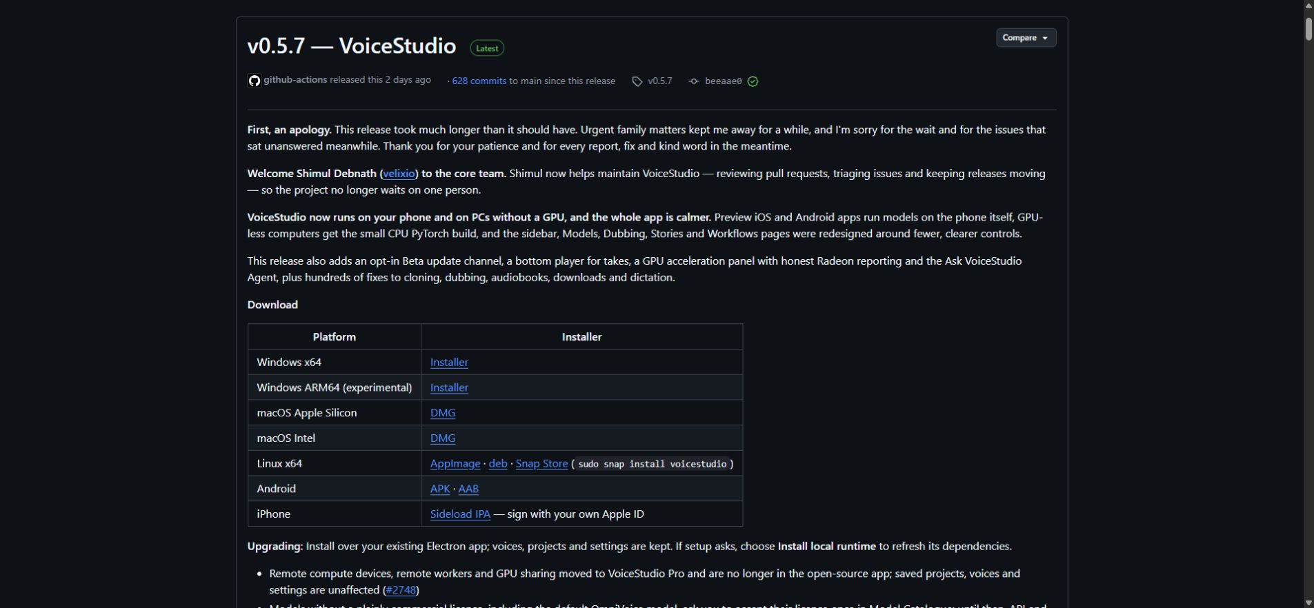 VoiceStudio v0.5.7 release page on GitHub, marked Latest, with the Download table listing Windows x64, Windows ARM64 (experimental), macOS Apple Silicon, macOS Intel, Linux x64, Android and iPhone