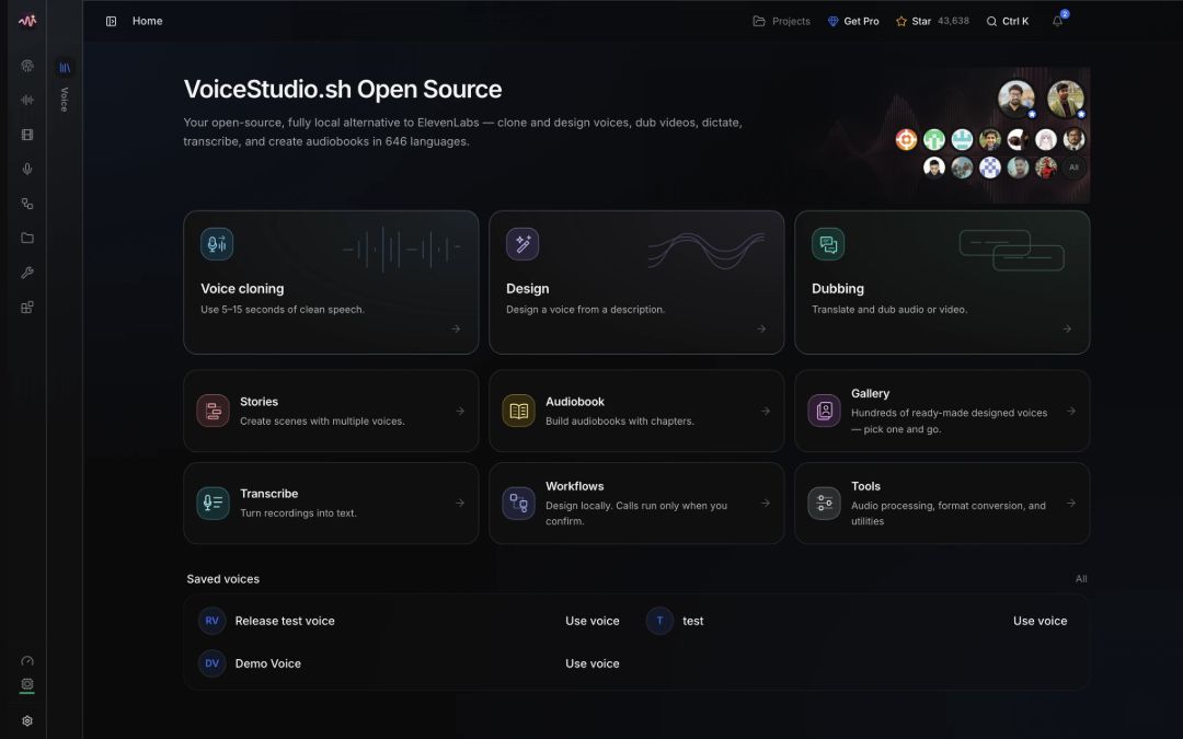 VoiceStudio home screen from the developer's official image, with cards for Voice cloning, Design, Dubbing, Stories, Audiobook, Gallery, Transcribe, Workflows and Tools