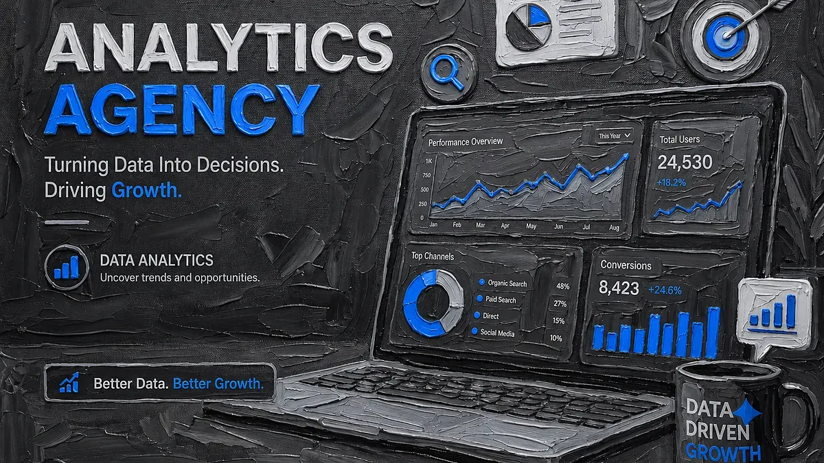Analytics agency 2026 banner in monochromatic impasto style showing a laptop analytics dashboard with performance overview, total users, top channels and conversions panels