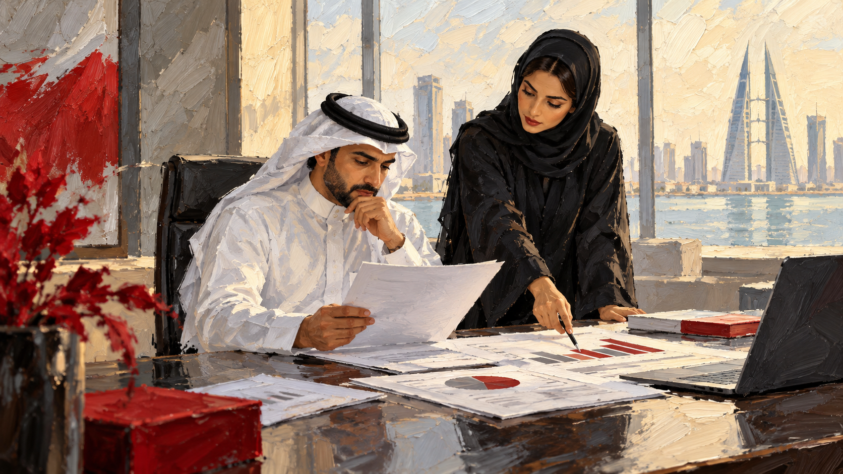 Painted editorial scene of Bahraini finance professionals reviewing corporate tax papers and charts