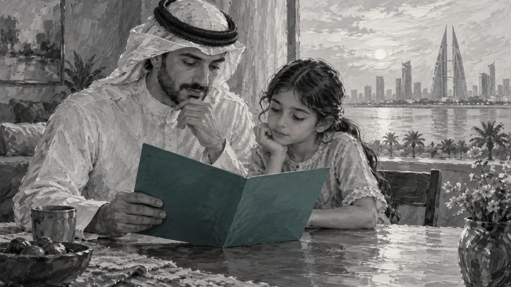 Hand-painted parent and child reviewing a document folder beside a Bahrain city view.