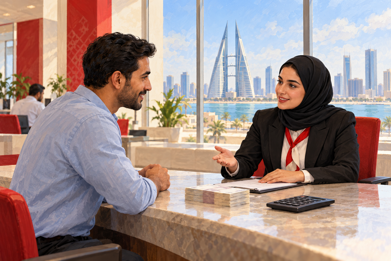 A resident talks calmly with a bank officer in Manama
