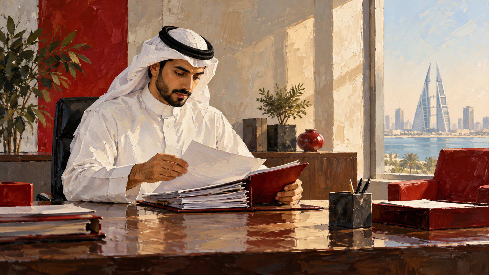 Painted editorial scene of a Bahraini government employee reviewing an employment file in a civic office