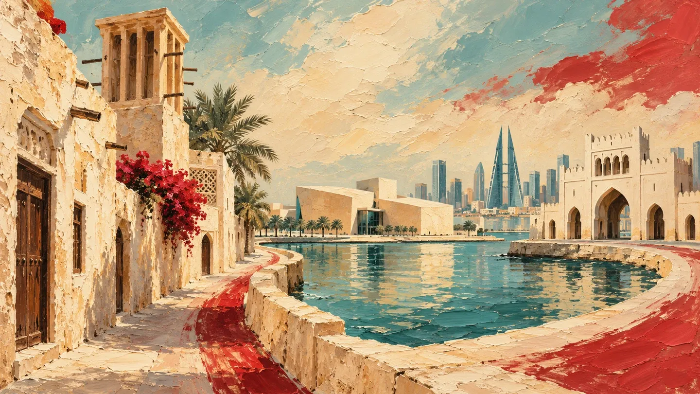 Painted Bahrain heritage route linking a Muharraq wind tower, waterfront museum and Bab Al Bahrain arch