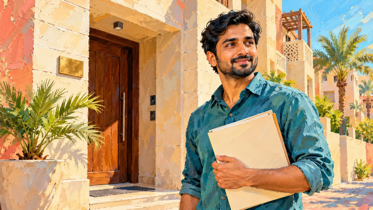Painted impasto illustration of a Bahrain resident holding a lease folder outside an apartment entrance