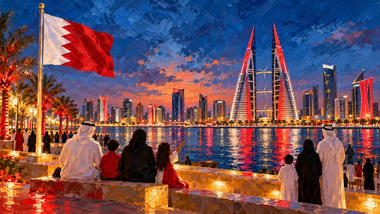 Painted Bahrain National Day evening with red and white lights, families and the Manama skyline