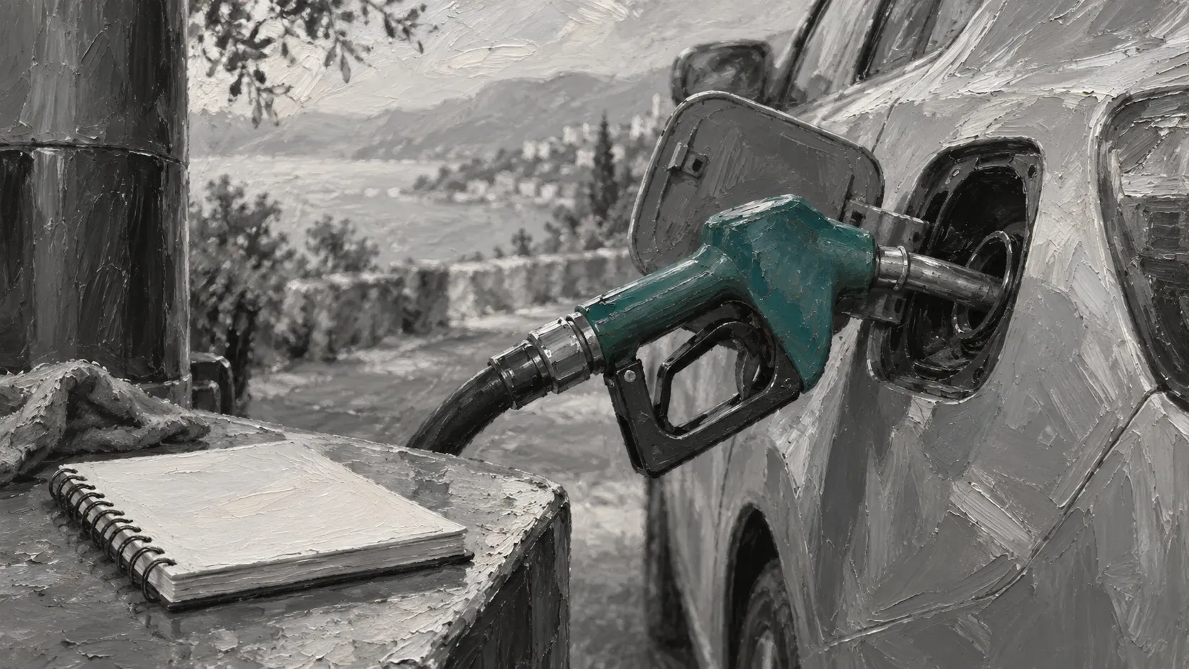 Hand-painted petrol nozzle at a car fuel opening with a blank refill notebook nearby.