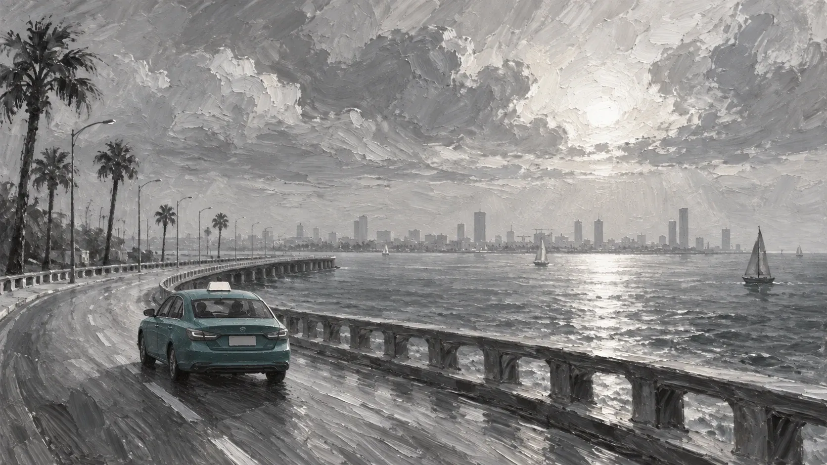 Conceptual painting of a taxi on a sea causeway between Bahrain and Saudi Arabia.