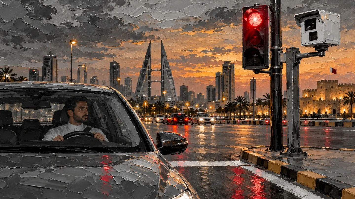 Painted impasto illustration of a Bahrain driver stopped behind the line at a red light beside a smart traffic camera