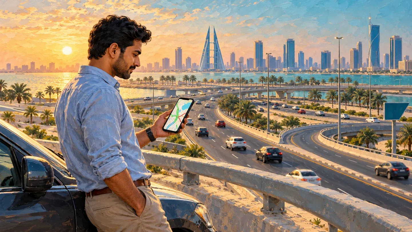 Bahrain resident checking a route map beside a highway interchange in Manama
