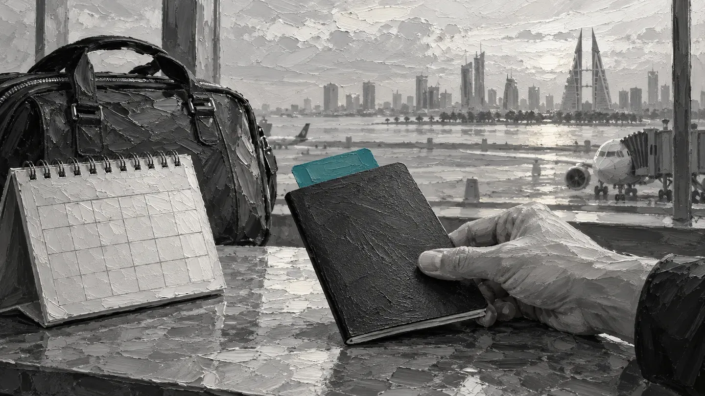 Thick grayscale painting of a traveller holding a blank passport beside a calendar, travel bag and airport window with one teal visa tab