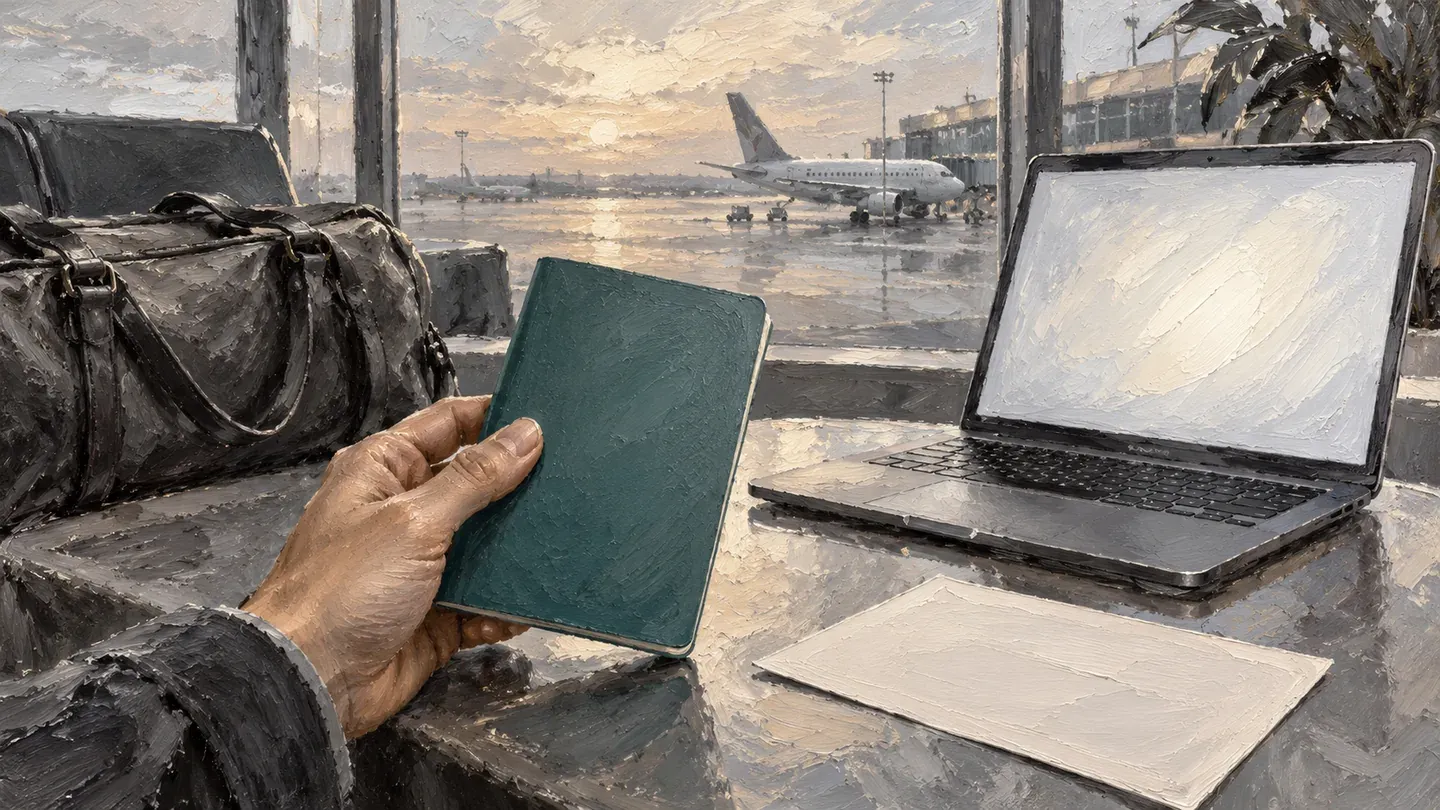 Monochrome thick paint artwork of a traveller checking a blank visa screen with one teal passport cover