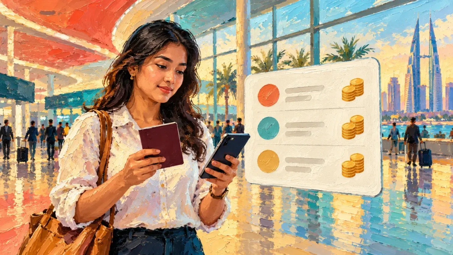 Painted impasto illustration of a traveller checking a phone beside a passport in a Bahrain airport concourse