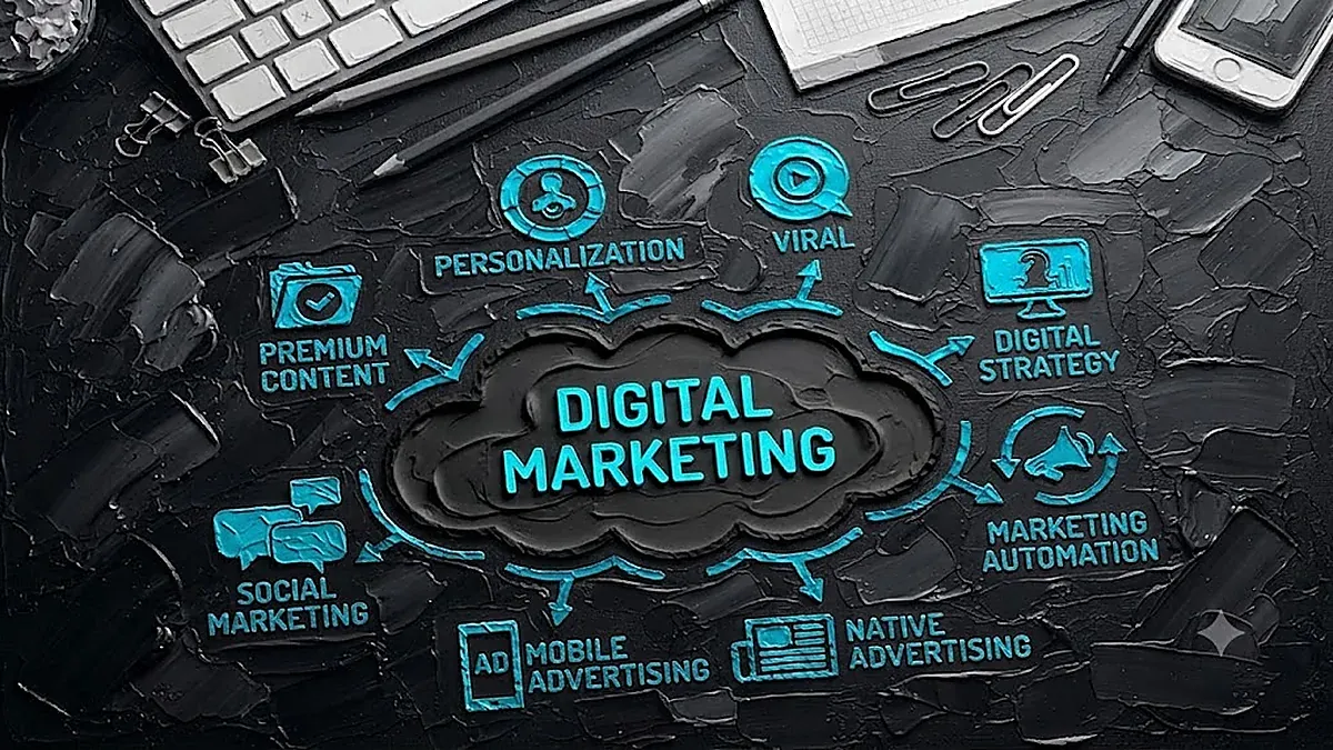 Chicago digital marketing agencies 2026 concept: textured dark desk flat-lay with a digital marketing channel diagram
