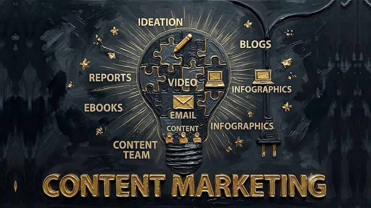 Content marketing agency 2026 concept art: gold impasto lightbulb built from puzzle pieces, ringed by content format labels for blogs, video, email, ebooks, reports and infographics