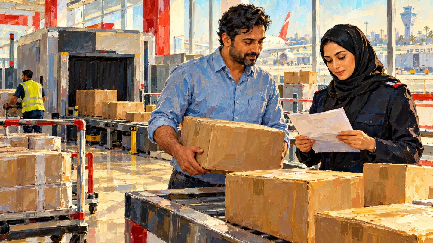 Painted impasto illustration of a resident handing a parcel to a Bahrain customs officer at an airport cargo counter