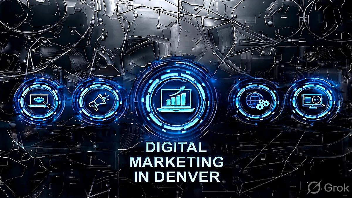 Digital marketing agency Denver 2026 guide: desk with a marketing performance dashboard and Front Range skyline