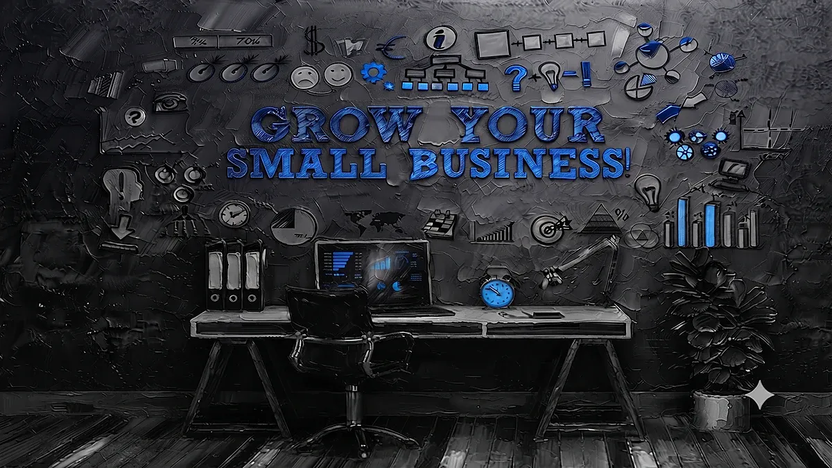 Monochromatic impasto illustration of a small business workspace with grow-your-small-business signage, dashboards, charts, and marketing icons in deep charcoal and cobalt blue textures