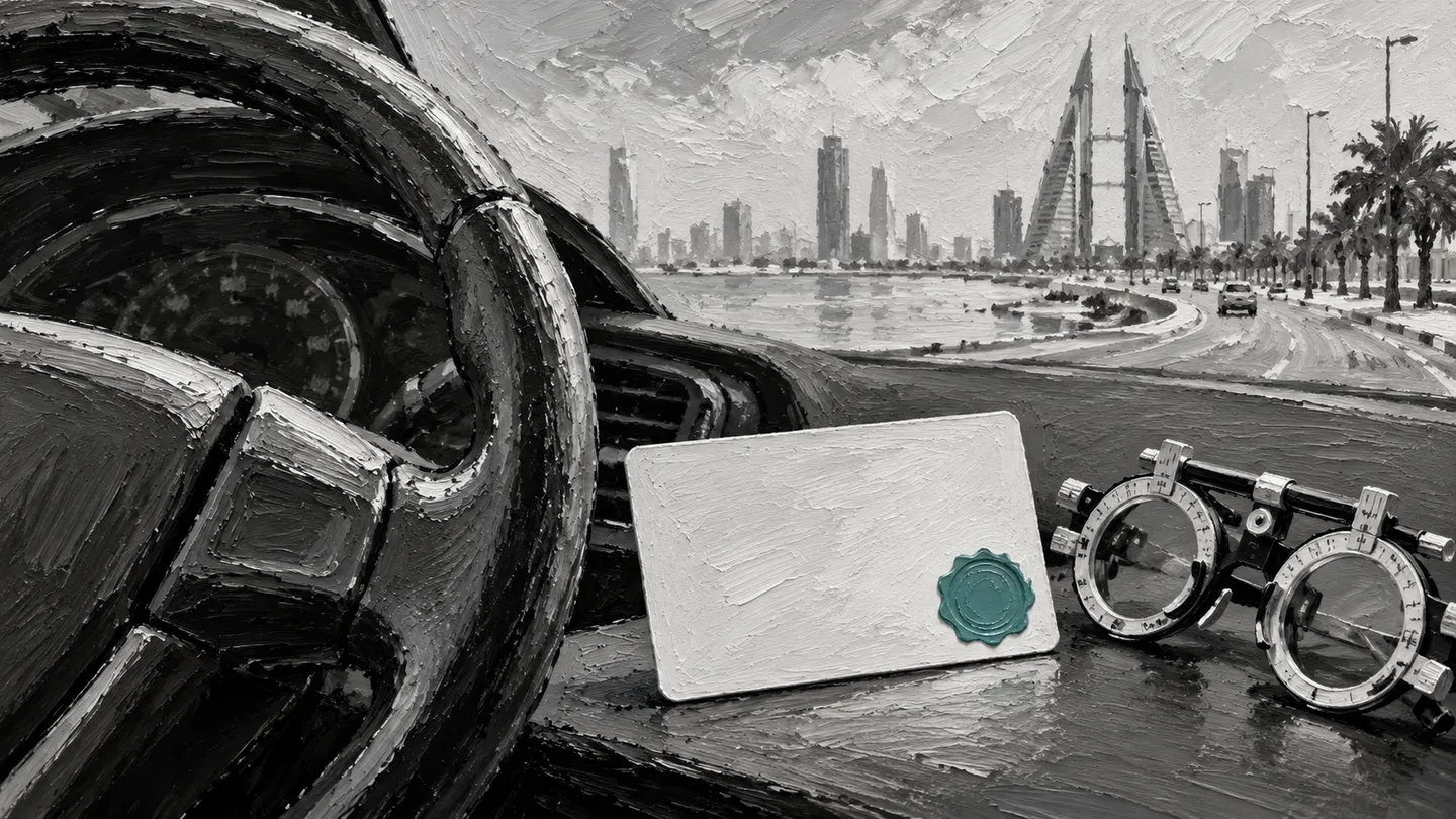 Thick grayscale painting of a steering wheel, blank licence card and eye-test lenses with one muted teal seal