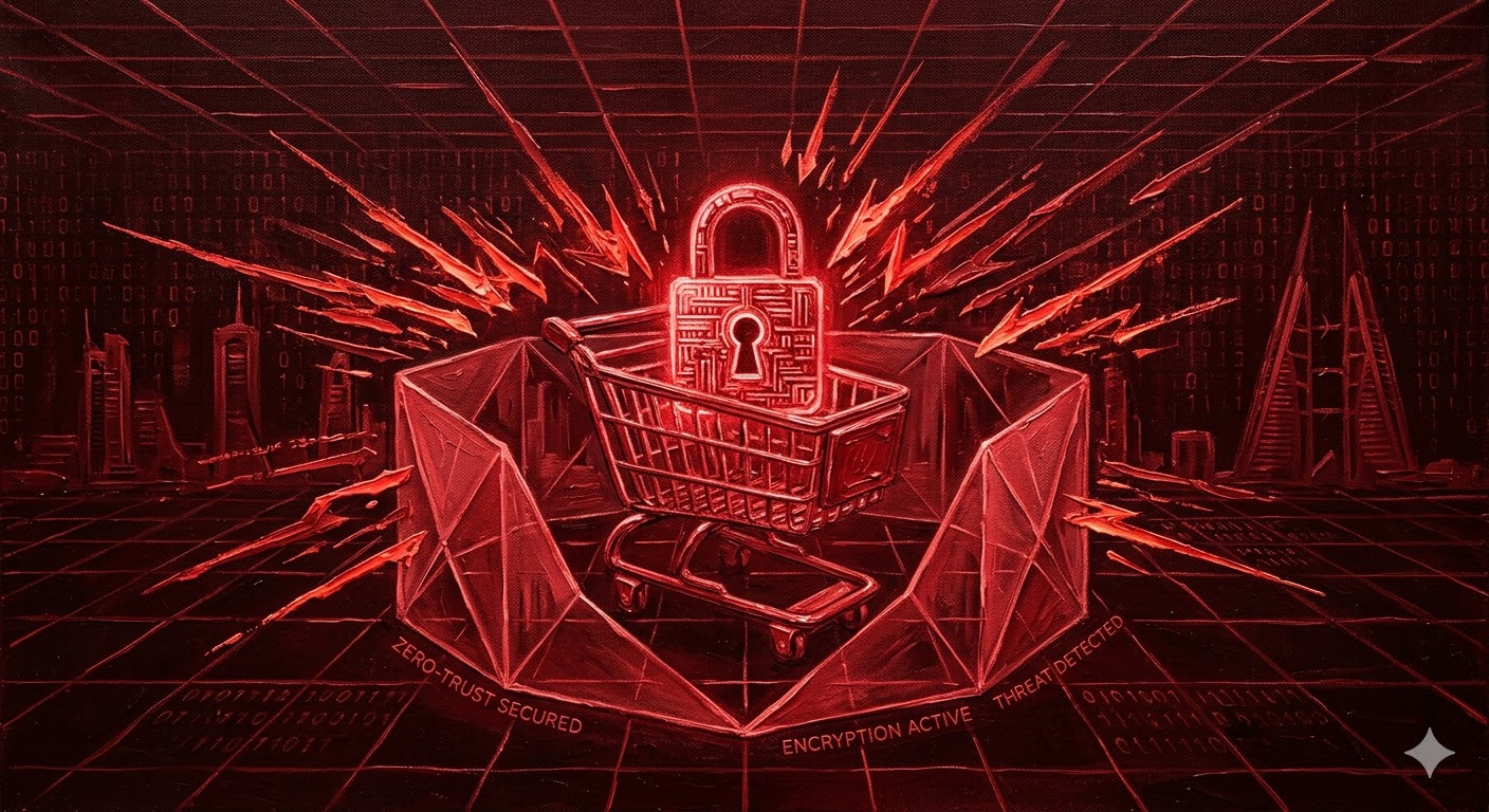 E-commerce cybersecurity Bahrain 2026 dashboard showing zero-trust architecture blocking incoming data breach attempt