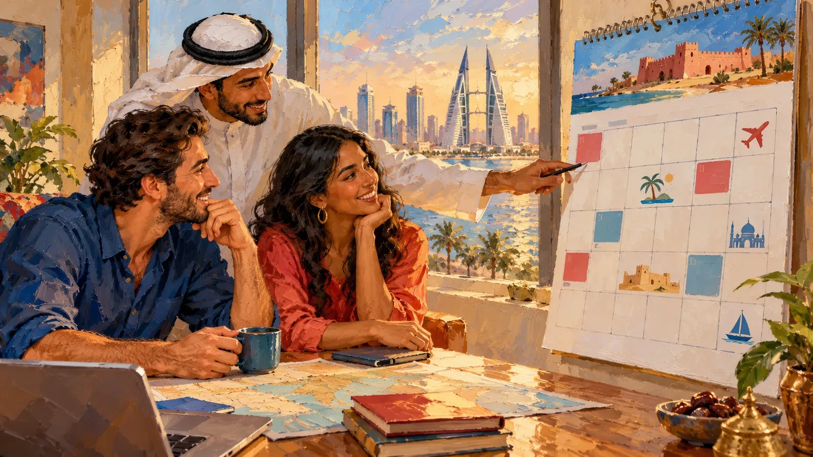 Painted scene of Bahrain residents planning 2026 public holidays on a calendar