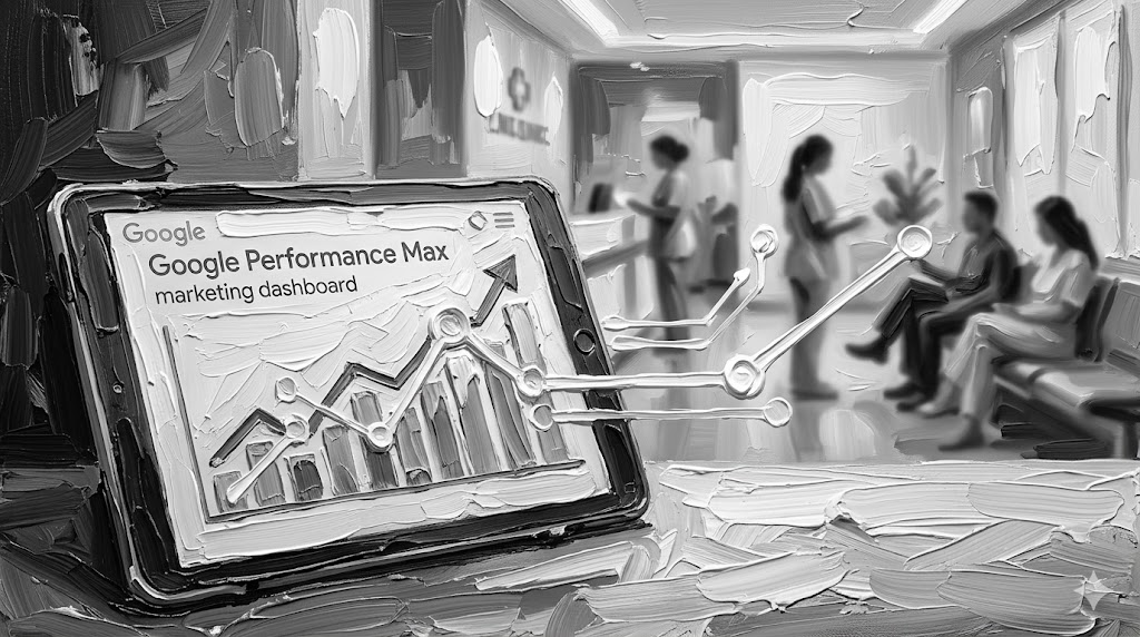 Healthcare digital marketing Bahrain Google Performance Max AI dashboard showing patient acquisition analytics