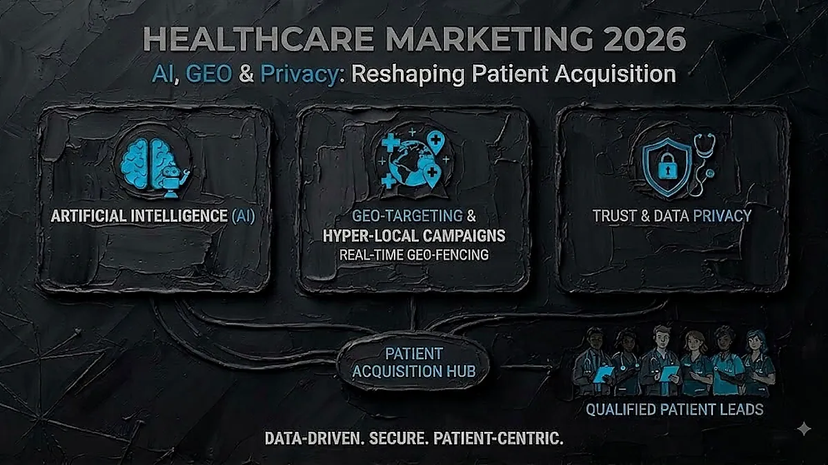 Healthcare marketing 2026 concept: AI-driven patient discovery, GEO and privacy-safe measurement