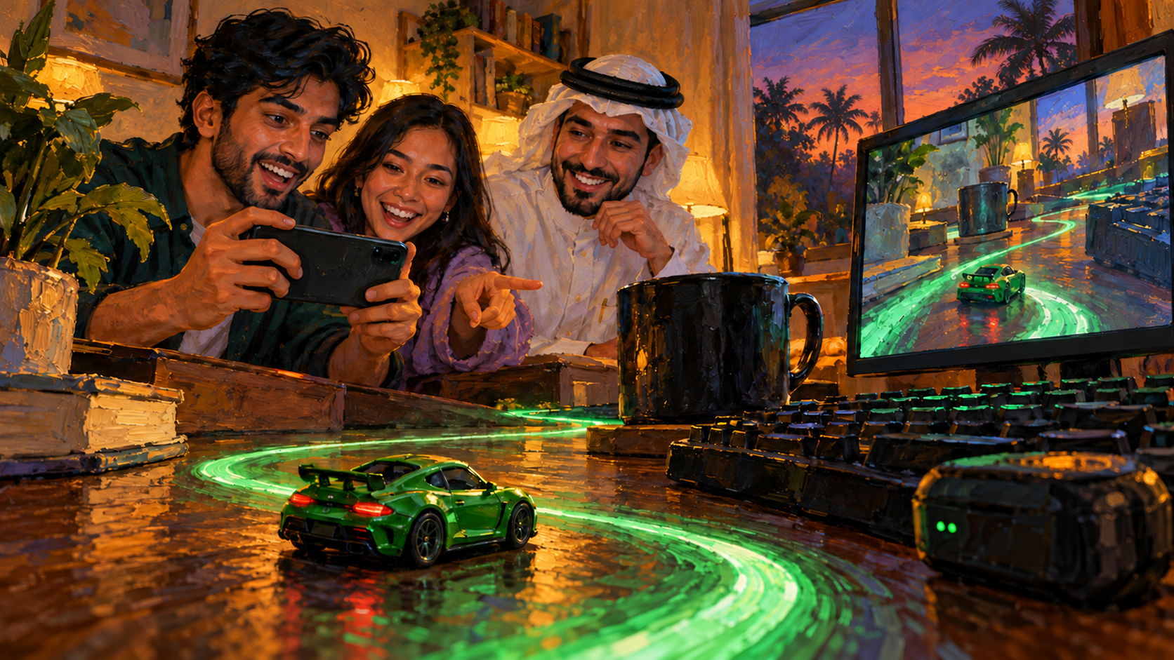 Painted illustration: three friends at a desk in a Bahrain home study smile at a phone and a monitor showing their desk as a 3D race, with a green toy car on a glowing track in front