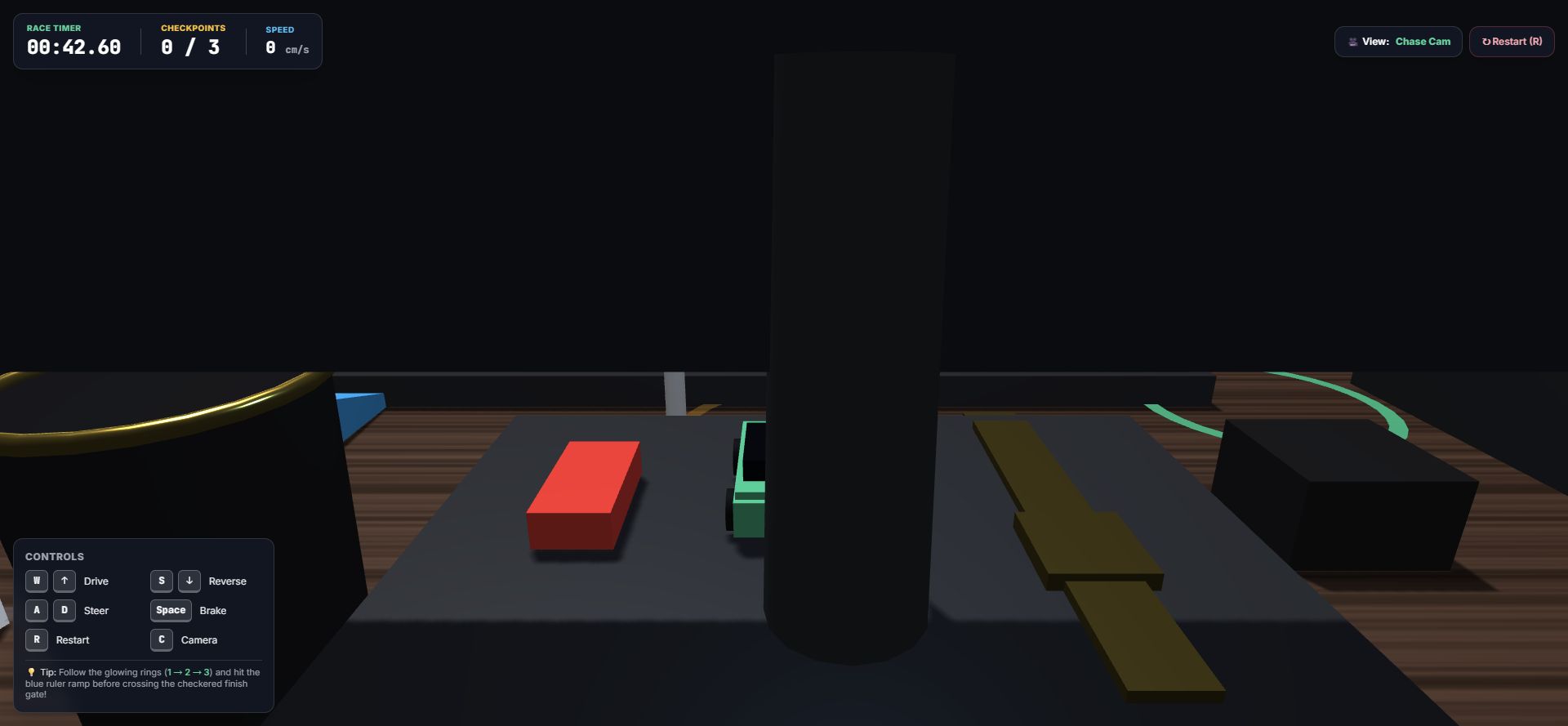 Desk Micro Racer 3D in chase-camera view: the green toy car on a 3D version of the desk, with the race timer, checkpoint counter and controls panel