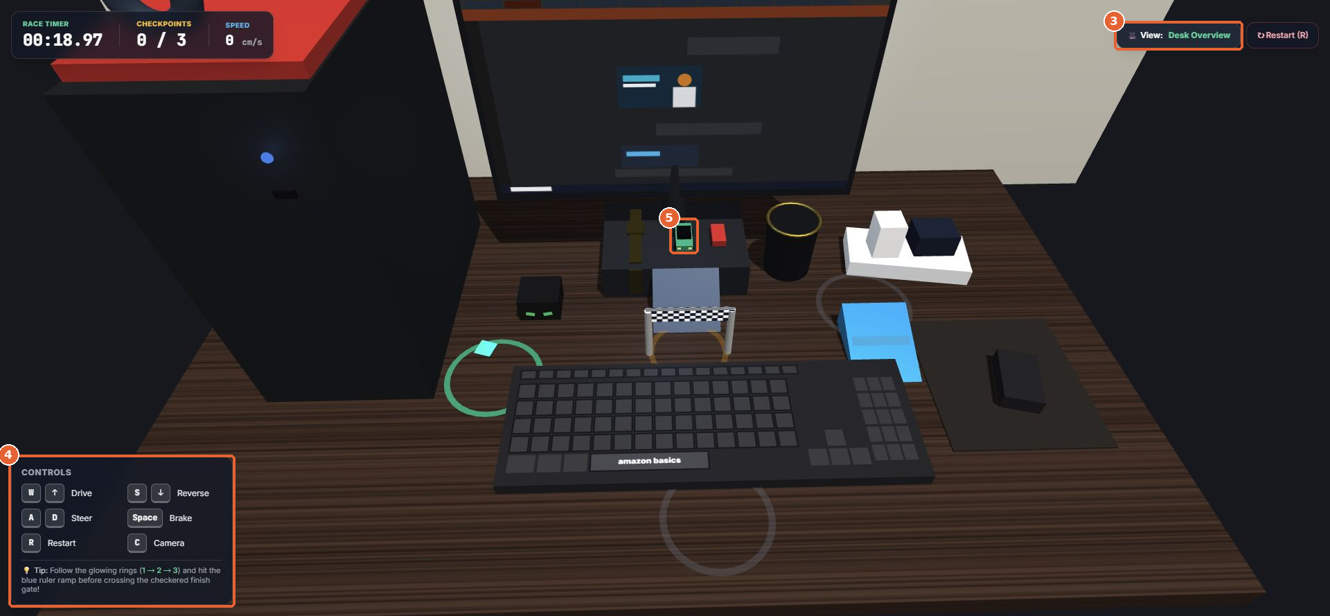Desk Micro Racer 3D in the browser: a 3D desk with a PC tower, monitor, keyboard, mug and a small green car, with the timer and controls panel