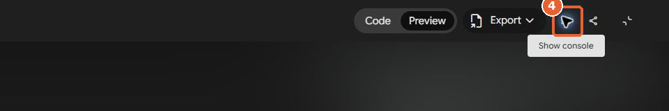Gemini Canvas toolbar with Code and Preview tabs, the Export menu and the Show console button