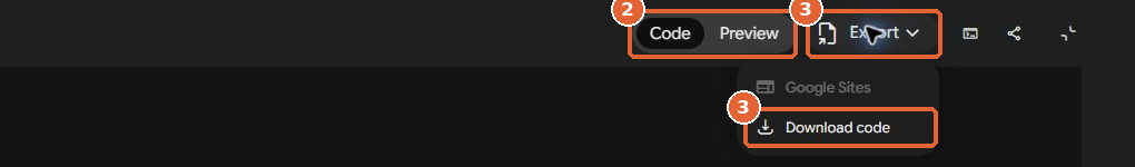 Gemini Canvas with the Code and Preview tabs and the Export menu open on Download code