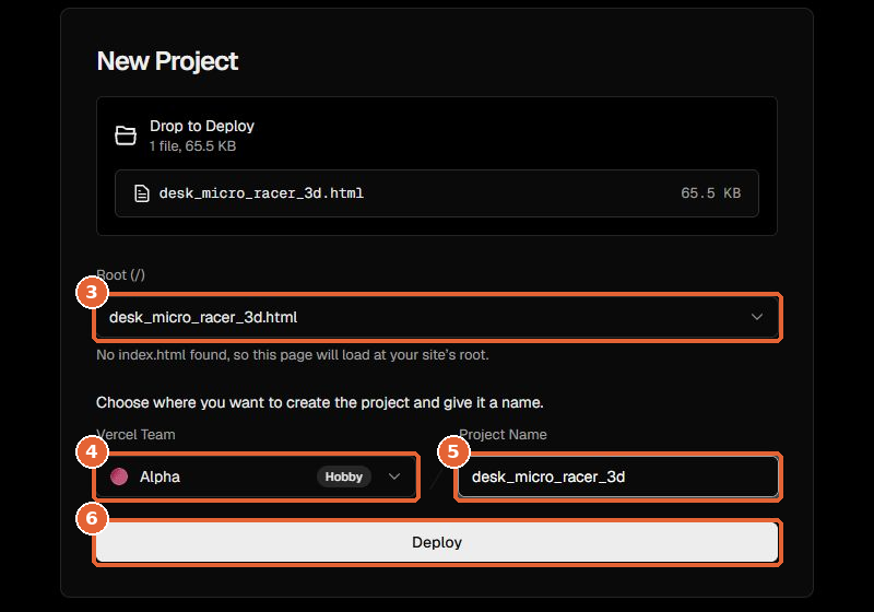Vercel New Project upload settings with the HTML file as root, a Hobby team, a project name and the Deploy button