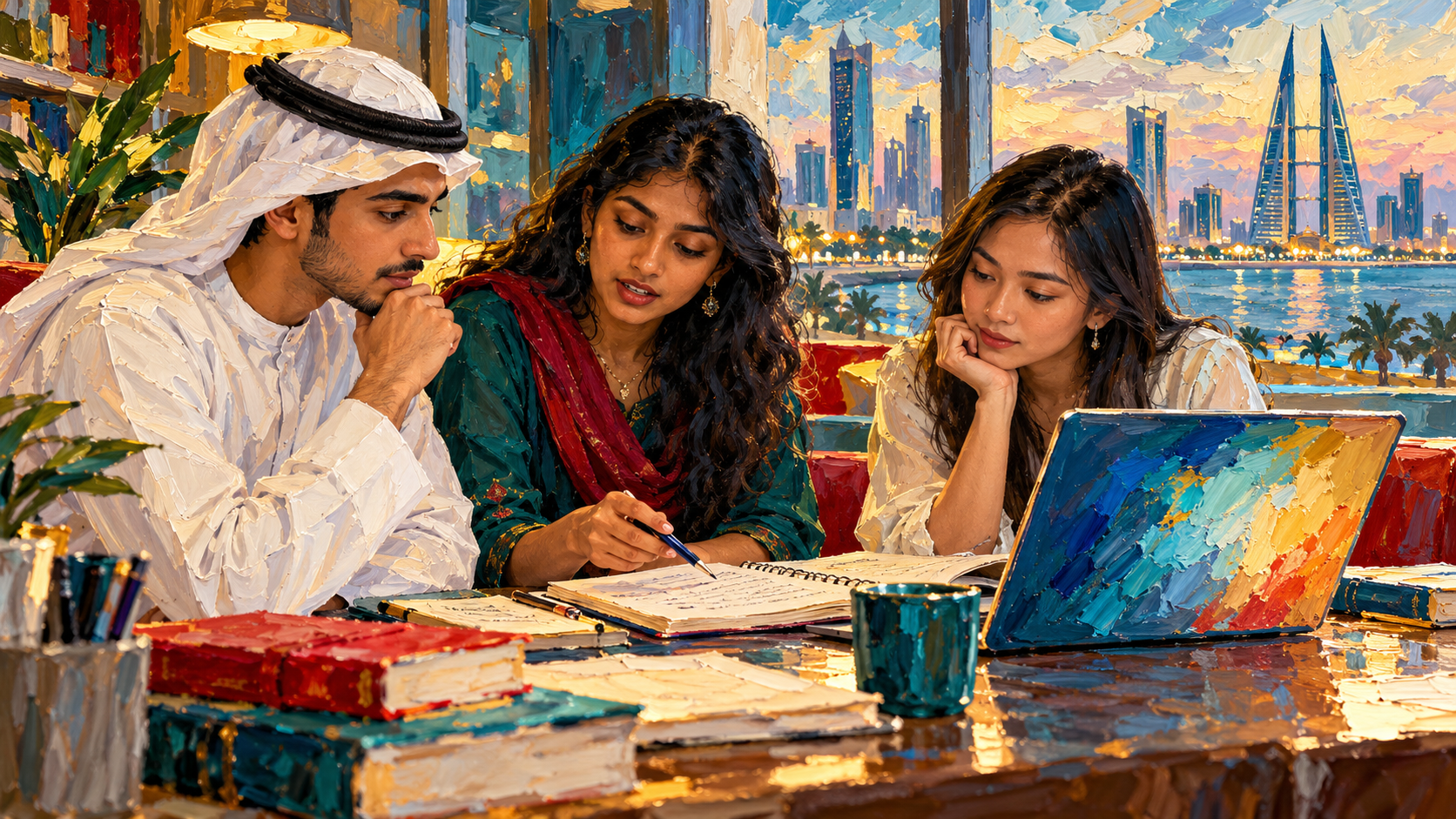 Painted group of three university-age students in Bahrain studying together with a notebook and laptop