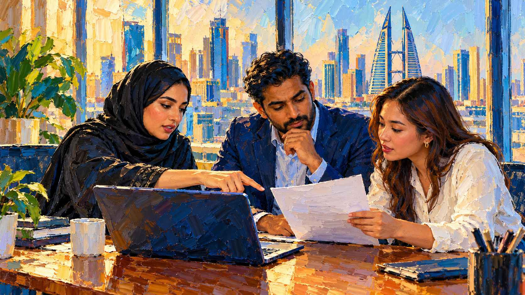 Three coworkers in Bahrain compare a laptop draft with a printed page