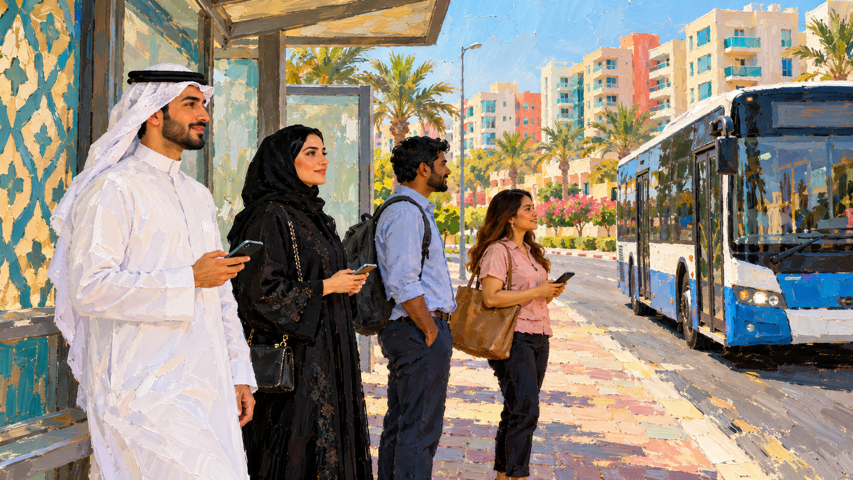 Painted Bahrain bus stop with residents waiting for a bus towards Amwaj Islands