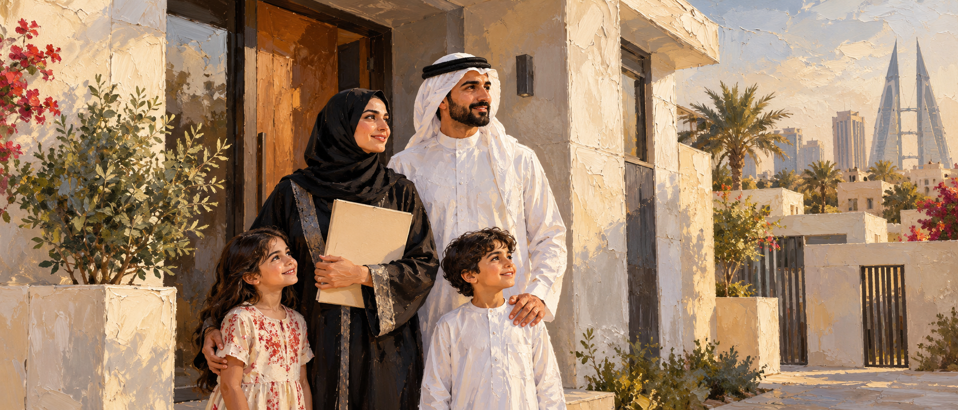 Painted Bahraini family outside a home with an unmarked application folder