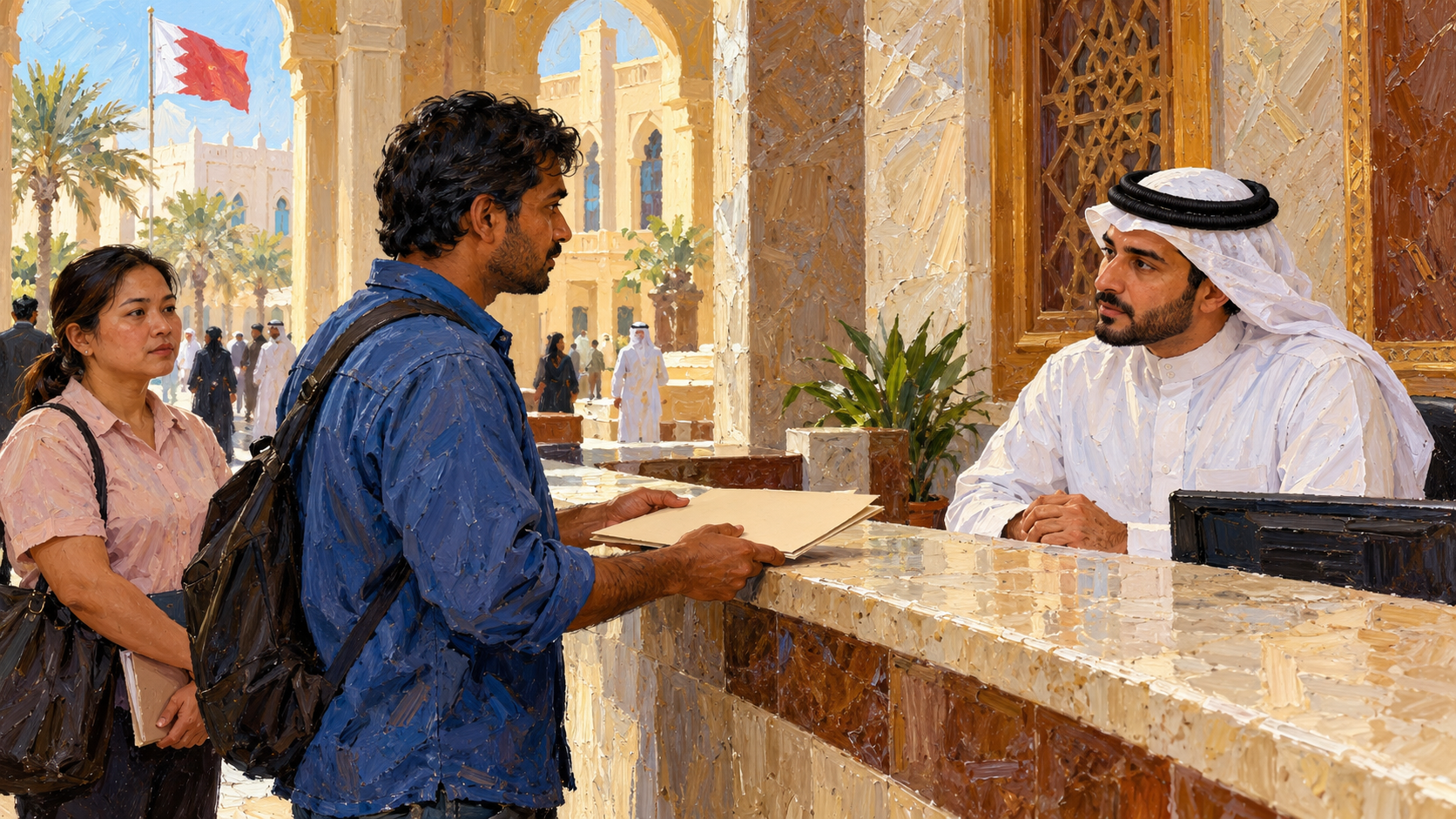 Painted Bahrain court counter with a worker carrying a plain folder and a clerk listening