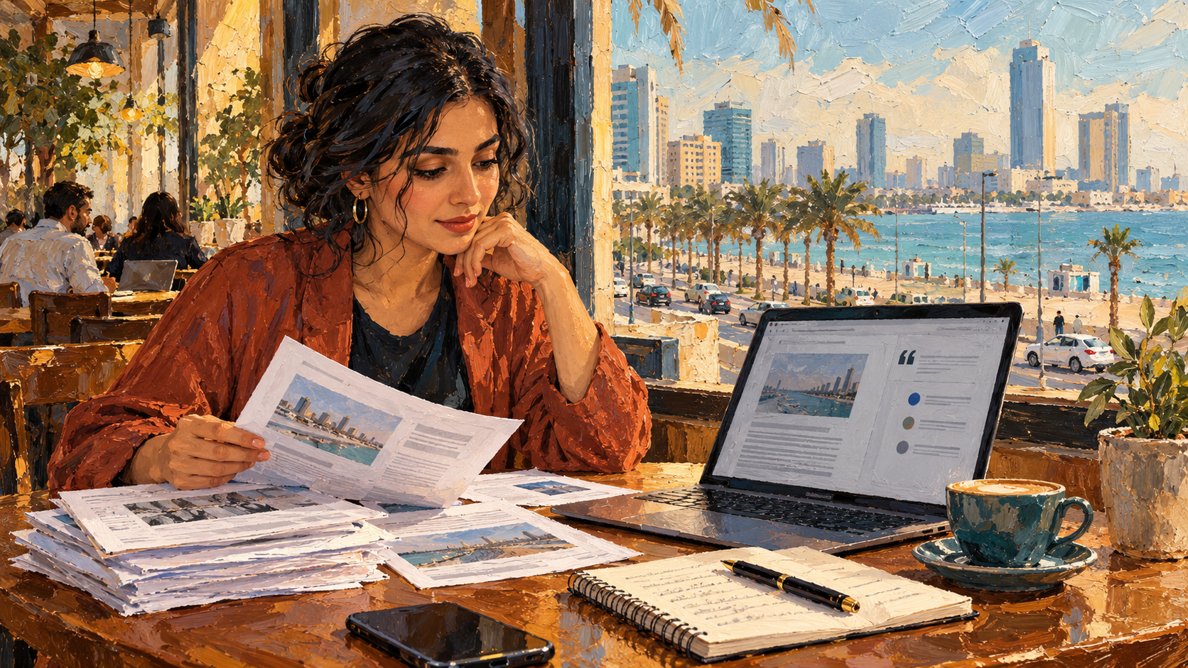 A researcher in a Manama cafe comparing printed sources with an answer on a laptop