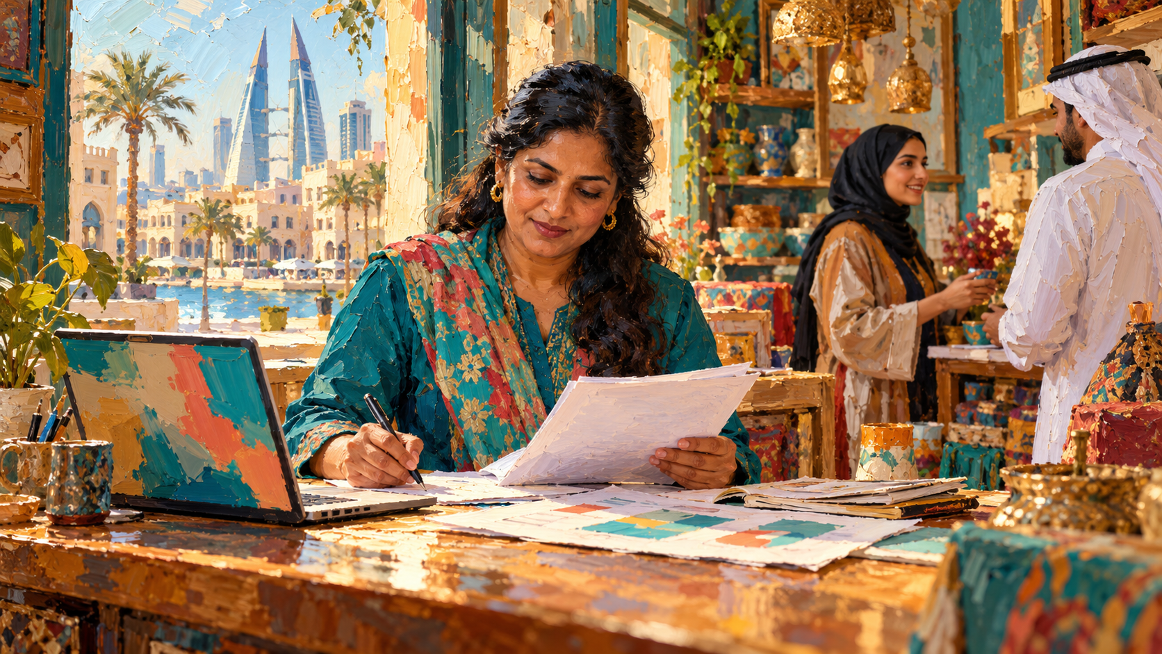 Painted scene of a small business owner in Bahrain reviewing a proposal at her shop while colleagues serve a customer