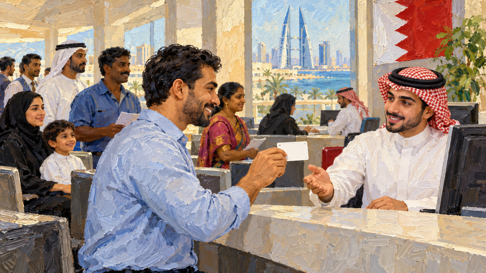 Painted Bahrain service scene with a resident holding an identity card while speaking to a clerk