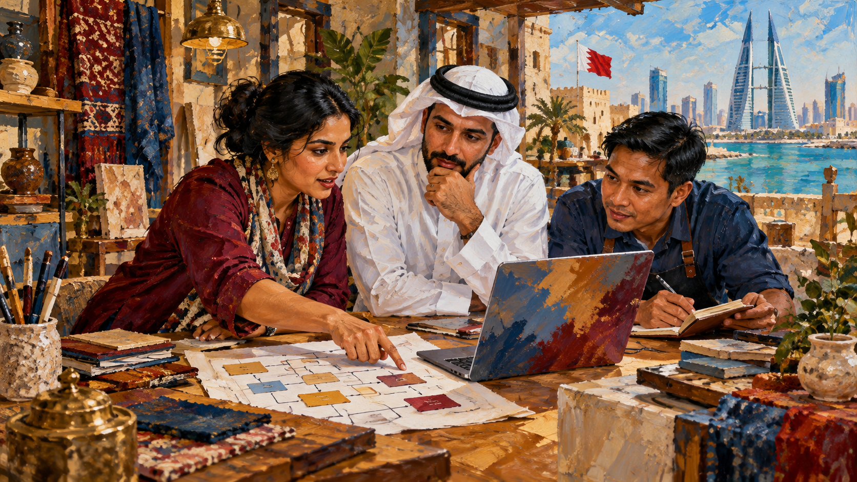 Painted scene of a Bahrain shop owner discussing a digital assistant with a colleague while they review work at a desk