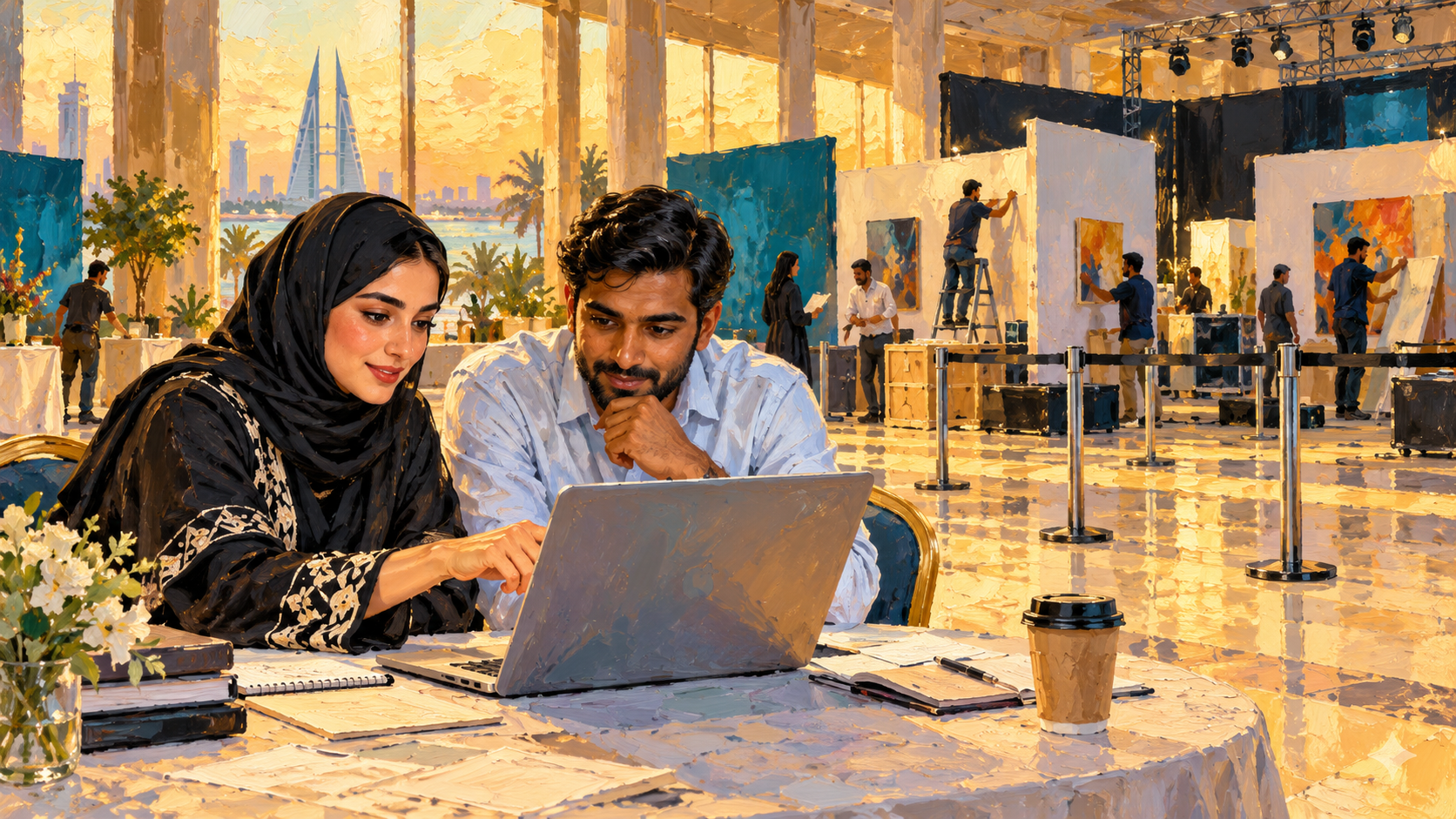 Painted Bahrain event organizers using a laptop near a venue