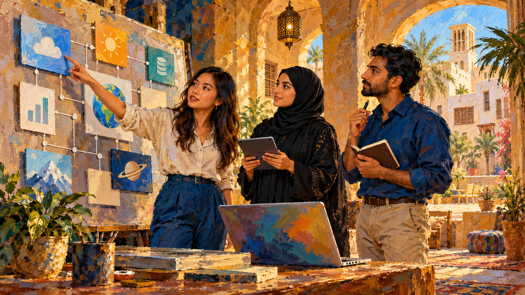 Painted Bahrain coworking scene where three developers compare blank service cards on a planning board
